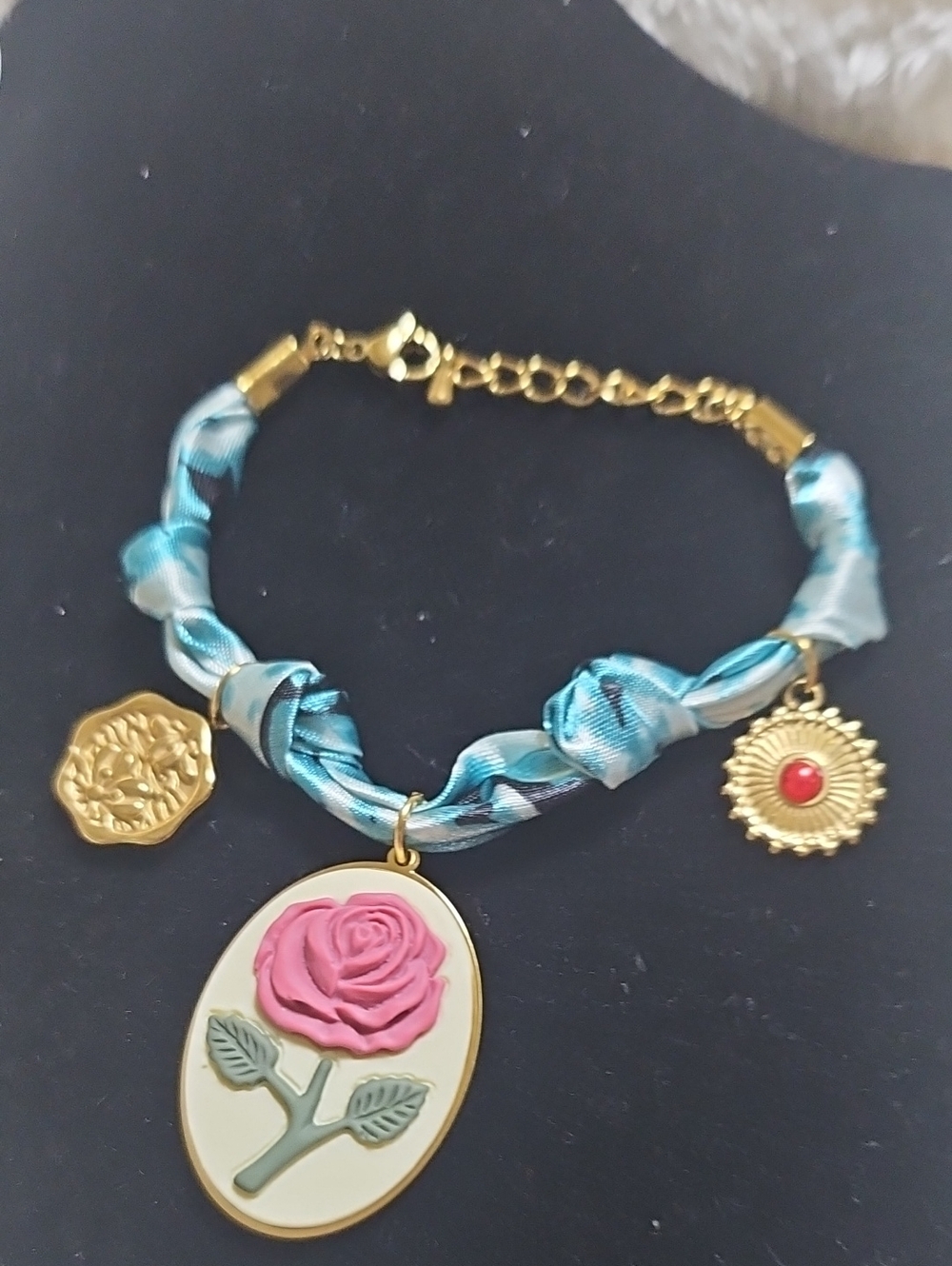 Floral Pink Rose Pendant Bracelet with Turquoise Ribbon